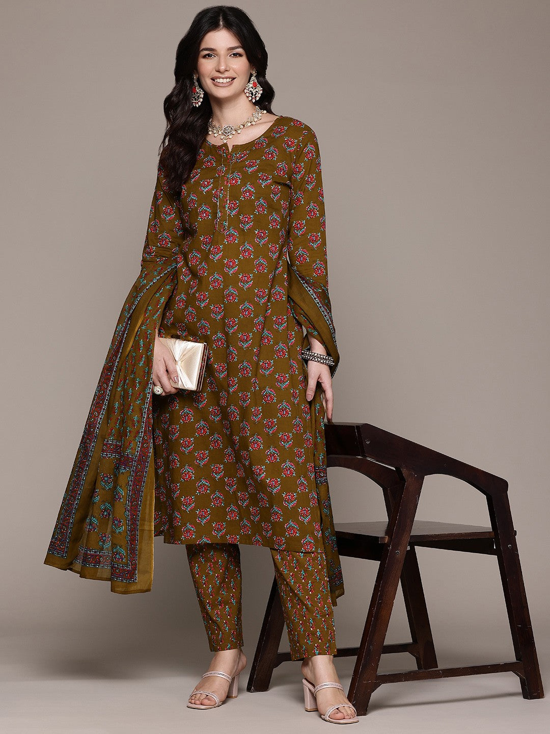 Straight Style Cotton Fabric Olive Color Kurta And Bottom With Dupatta