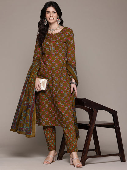 Straight Style Cotton Fabric Olive Color Kurta And Bottom With Dupatta