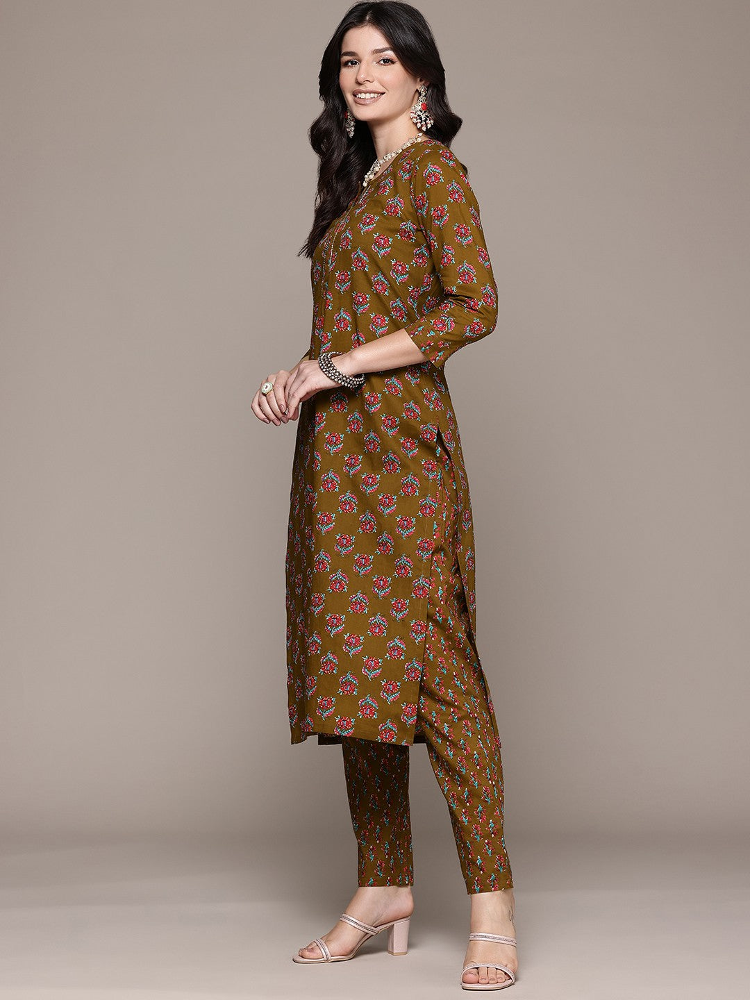 Straight Style Cotton Fabric Olive Color Kurta And Bottom With Dupatta