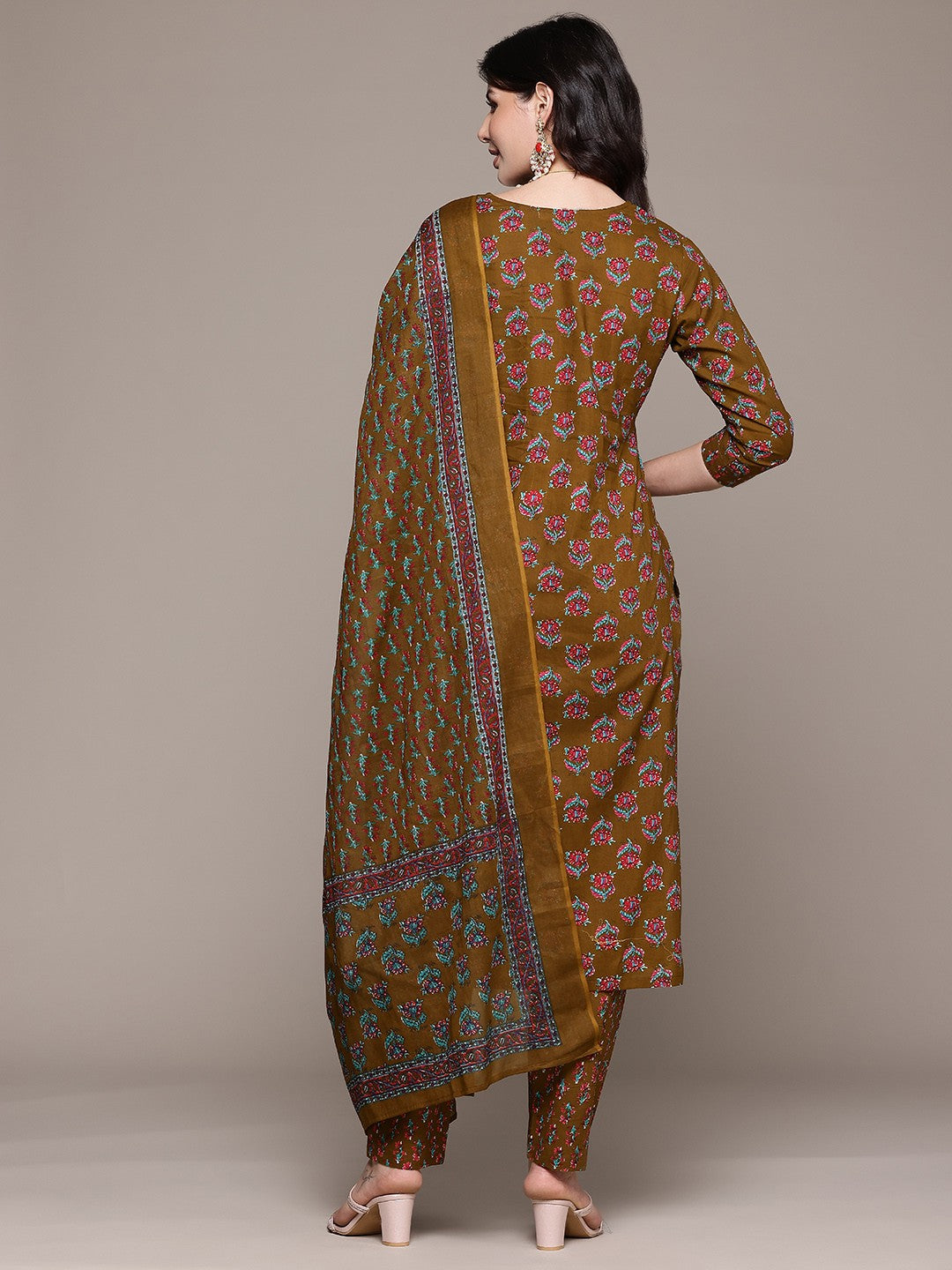 Straight Style Cotton Fabric Olive Color Kurta And Bottom With Dupatta