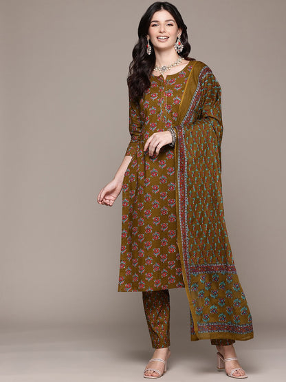 Straight Style Cotton Fabric Olive Color Kurta And Bottom With Dupatta