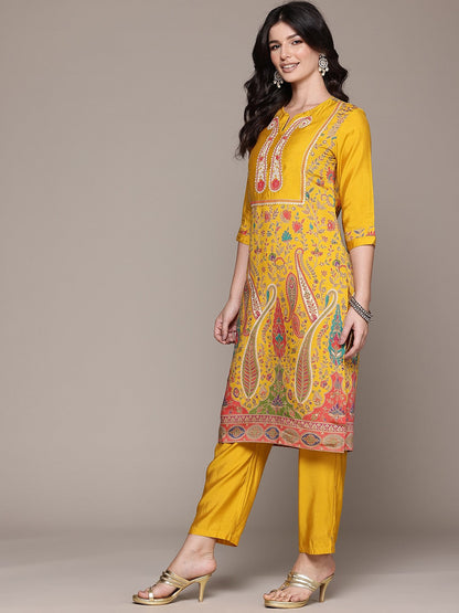 Straight Style Silk Fabric Mustard Color Kurta With Bottom