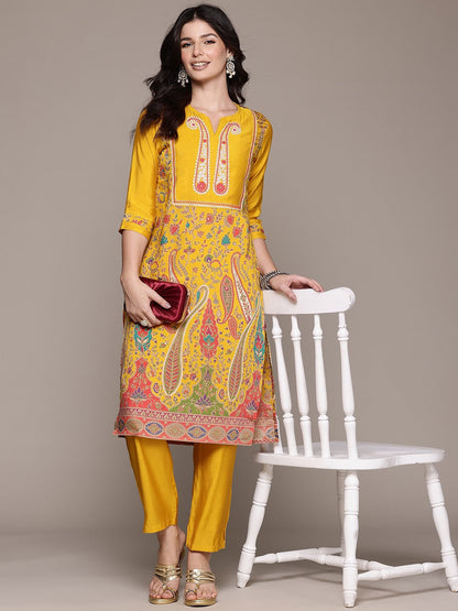 Straight Style Silk Fabric Mustard Color Kurta With Bottom