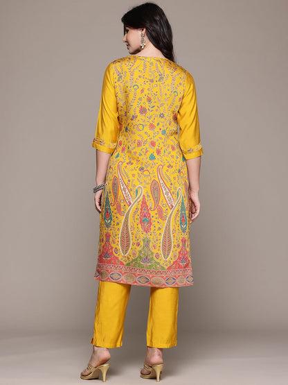 Straight Style Silk Fabric Mustard Color Kurta With Bottom