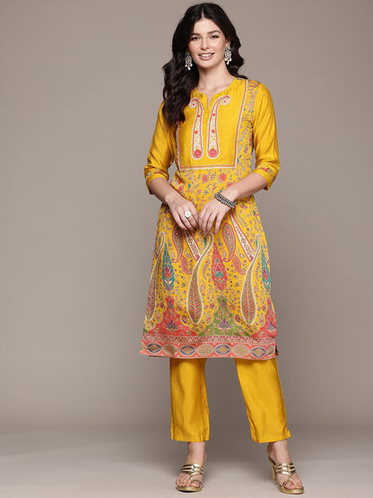 Straight Style Silk Fabric Mustard Color Kurta With Bottom