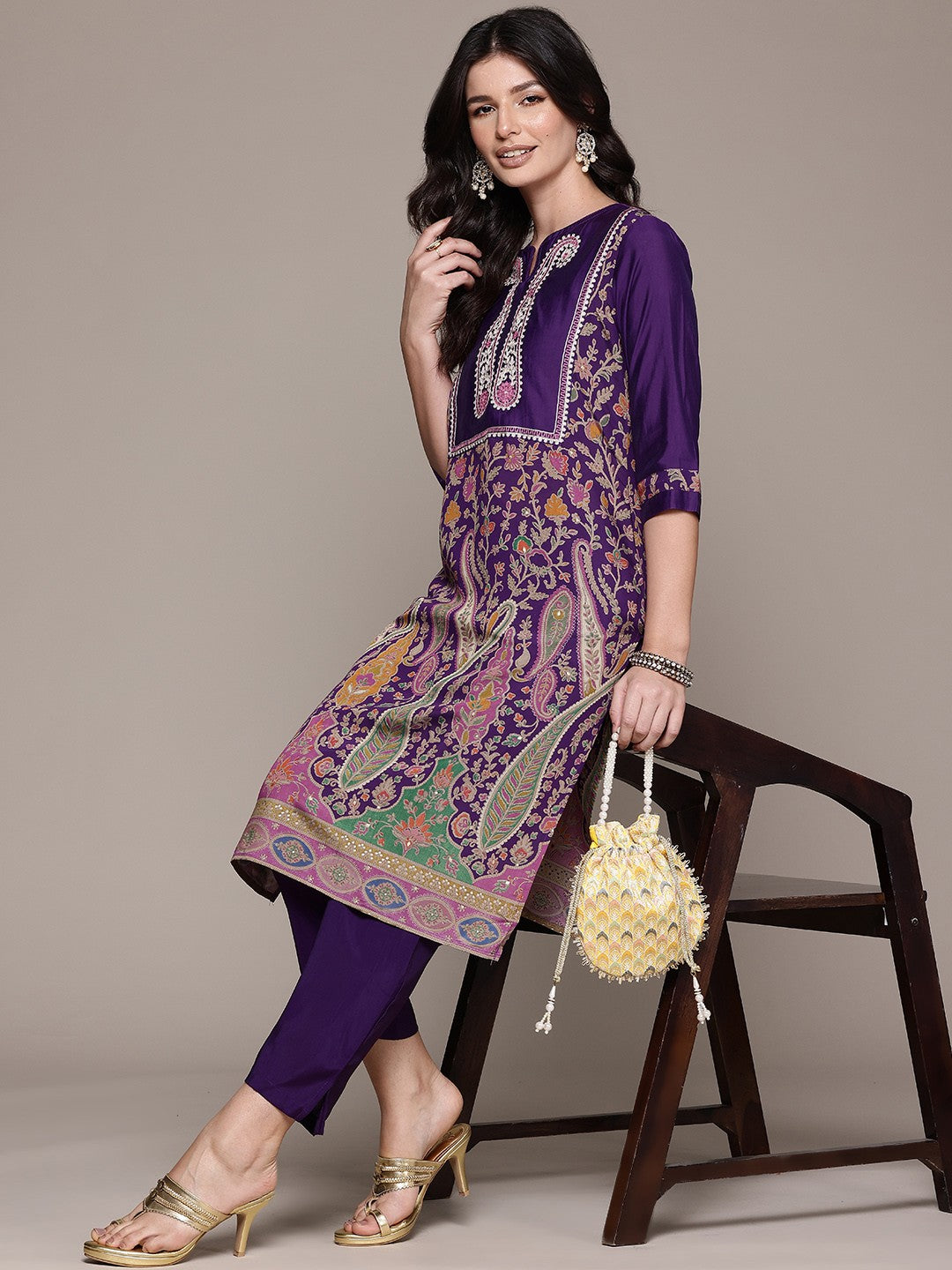 Straight Style Silk Fabric Violet Color Kurta With Bottom