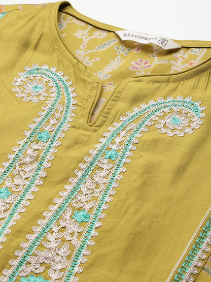 Straight Style Silk Fabric Green Color Kurta With Bottom