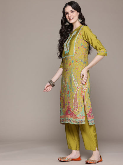 Straight Style Silk Fabric Green Color Kurta With Bottom