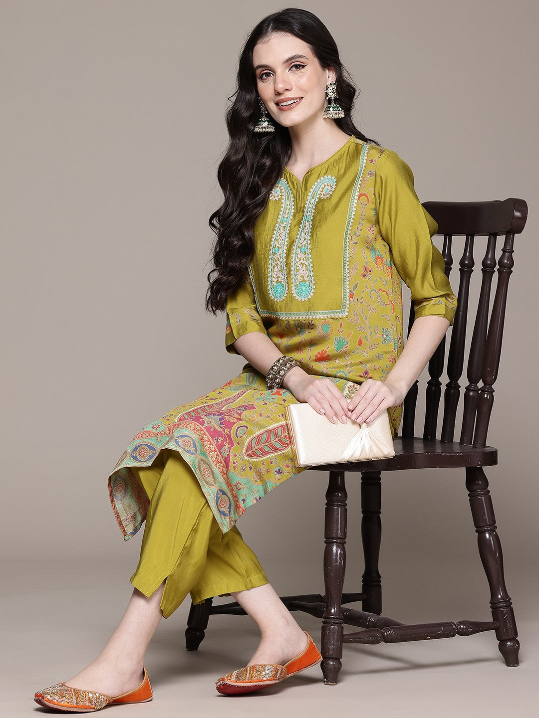 Straight Style Silk Fabric Green Color Kurta With Bottom