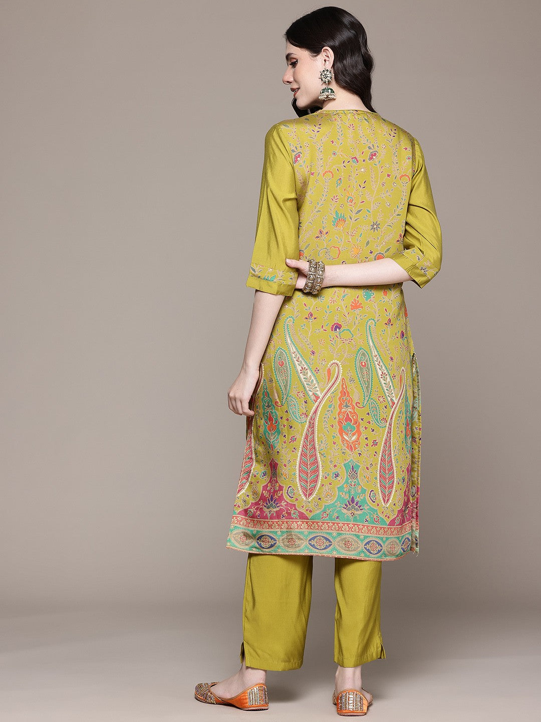 Straight Style Silk Fabric Green Color Kurta With Bottom