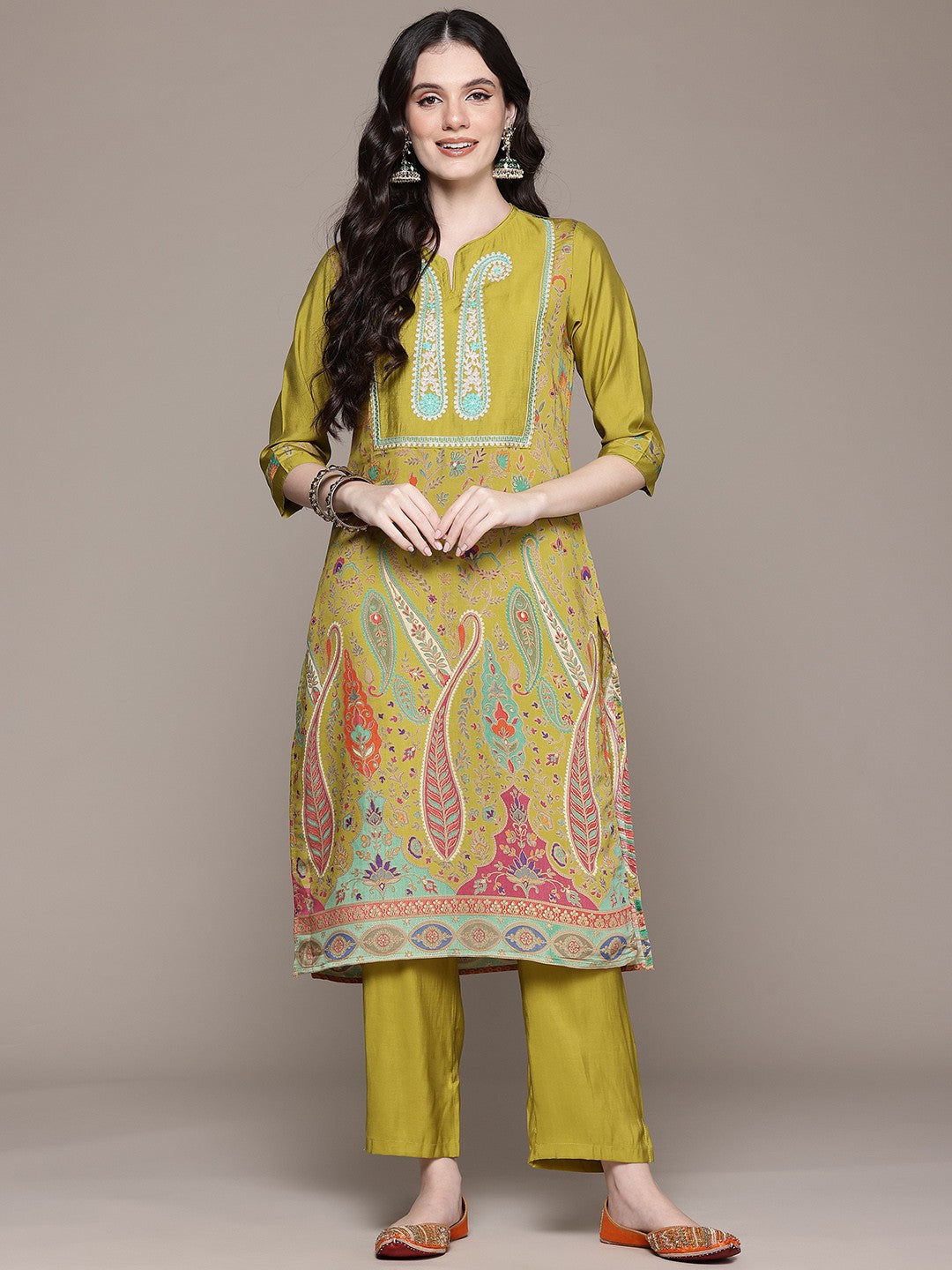 Straight Style Silk Fabric Green Color Kurta With Bottom