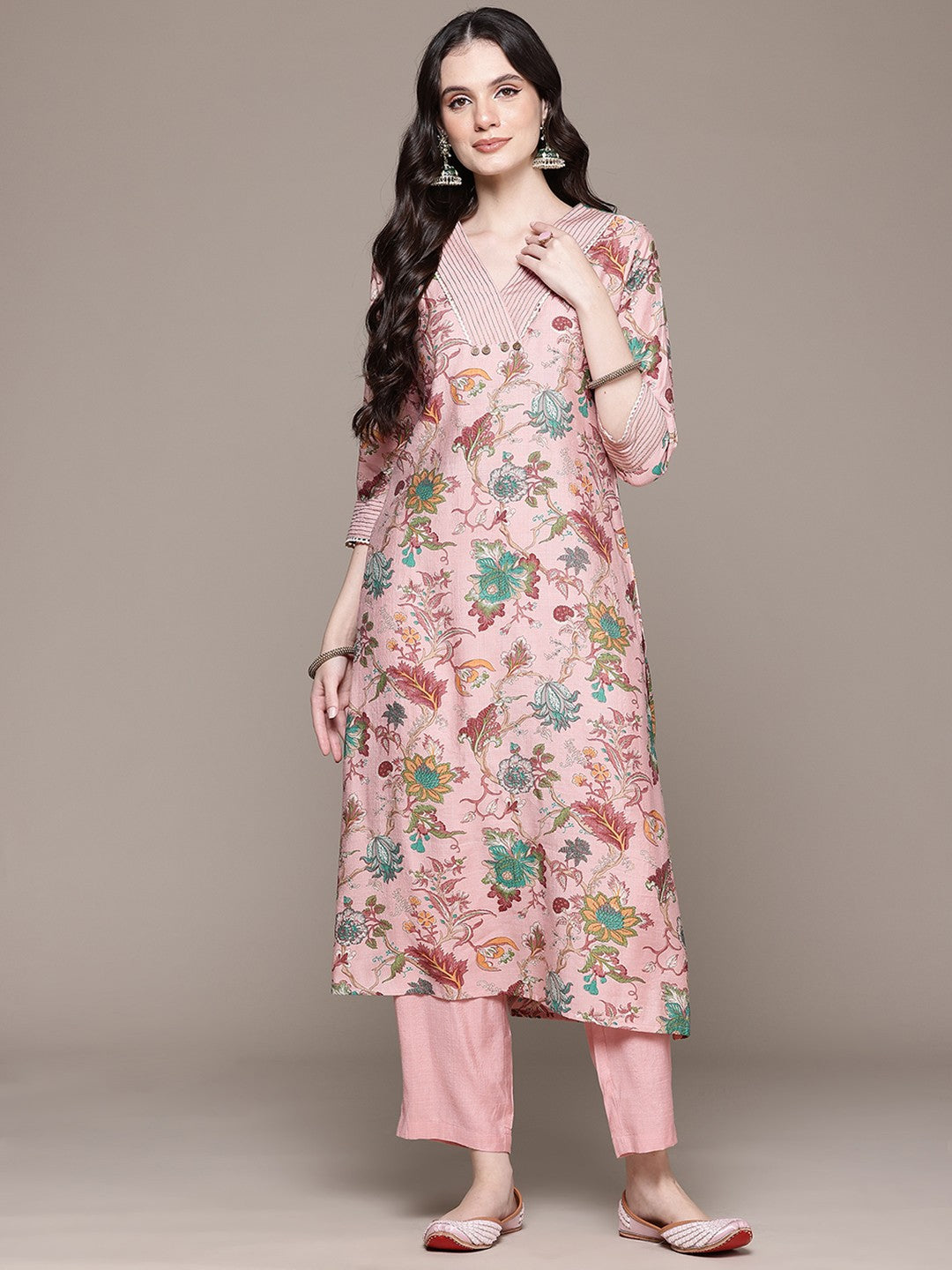 Straight Style Silk Fabric Pink Color Kurta With Bottom