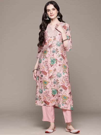 Straight Style Silk Fabric Pink Color Kurta With Bottom