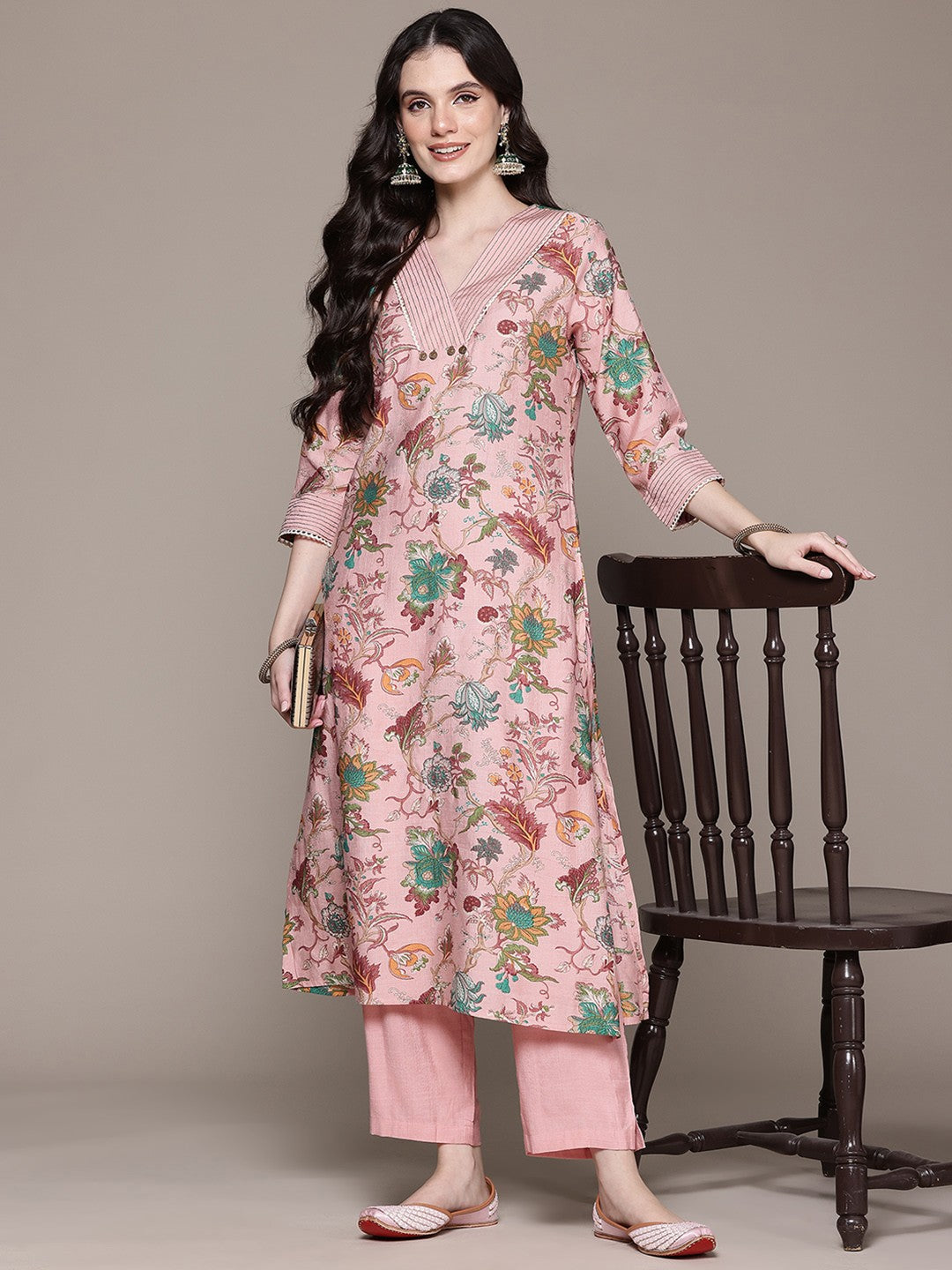Straight Style Silk Fabric Pink Color Kurta With Bottom