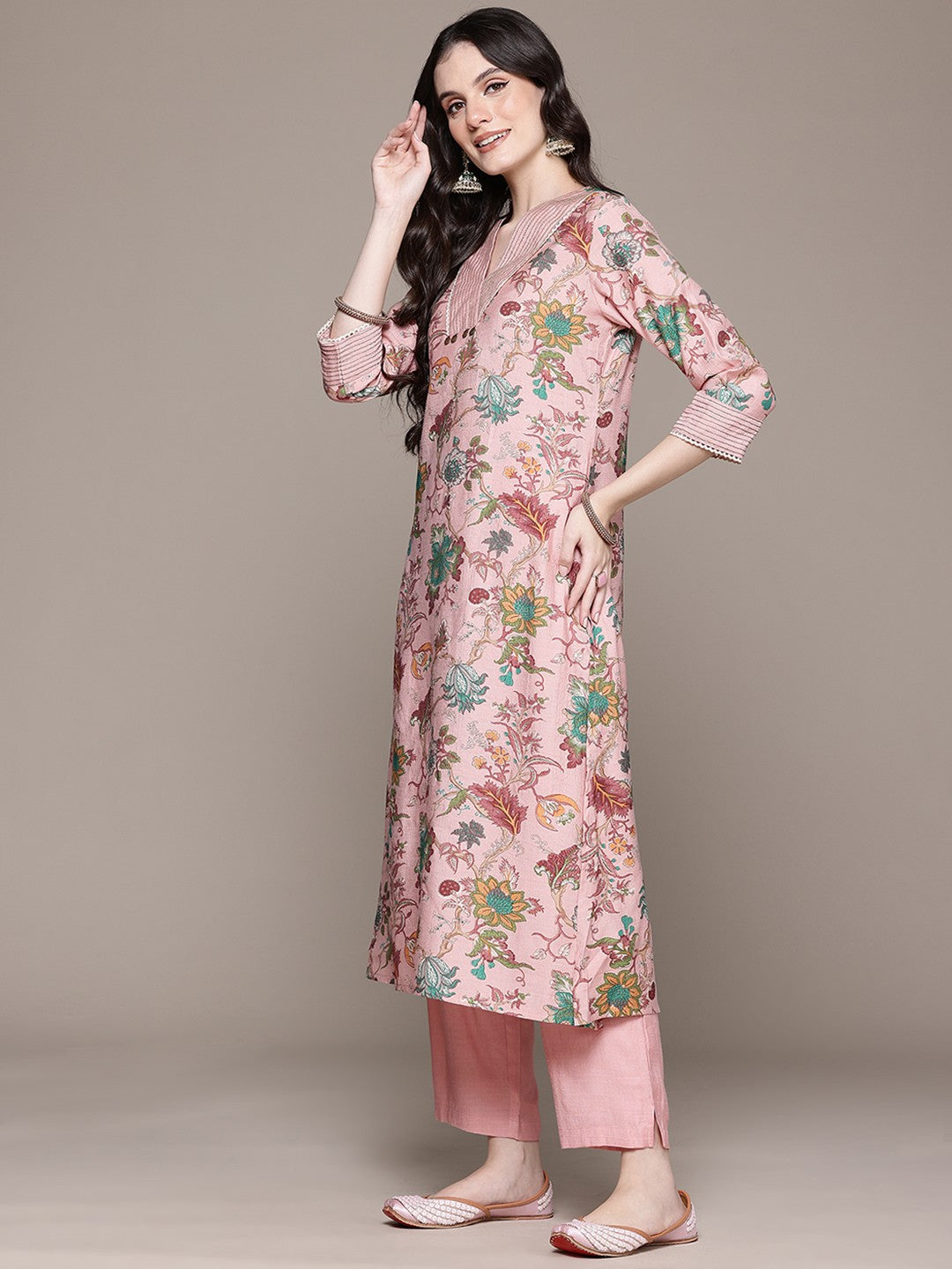 Straight Style Silk Fabric Pink Color Kurta With Bottom