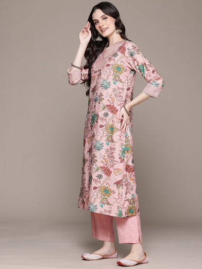Straight Style Silk Fabric Pink Color Kurta With Bottom