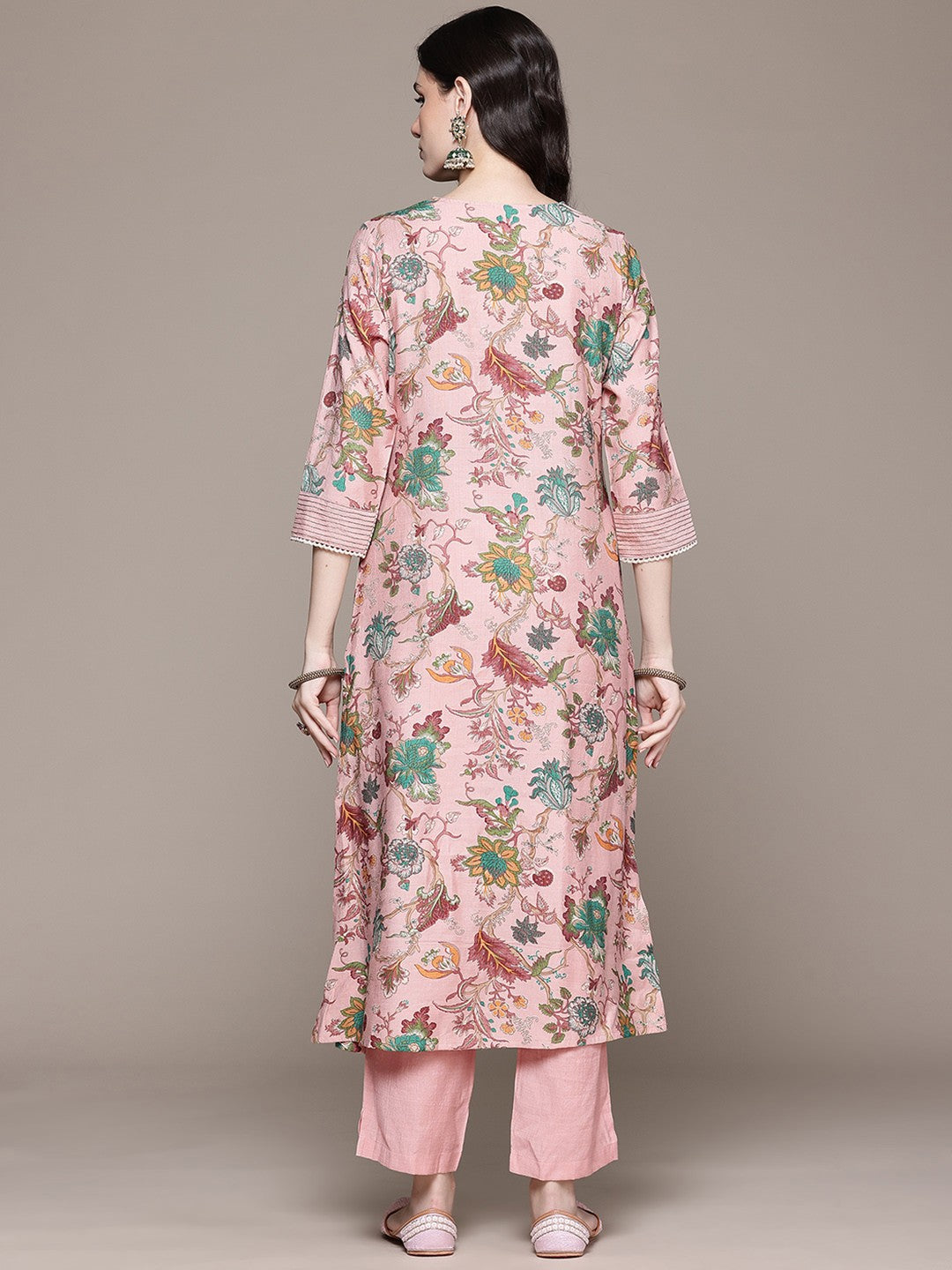 Straight Style Silk Fabric Pink Color Kurta With Bottom
