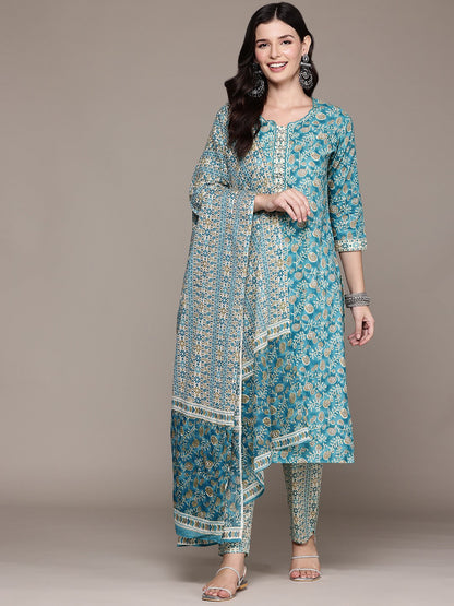 Straight Style Cotton Fabric Turquoise Blue Color Kurta And Bottom With Dupatta