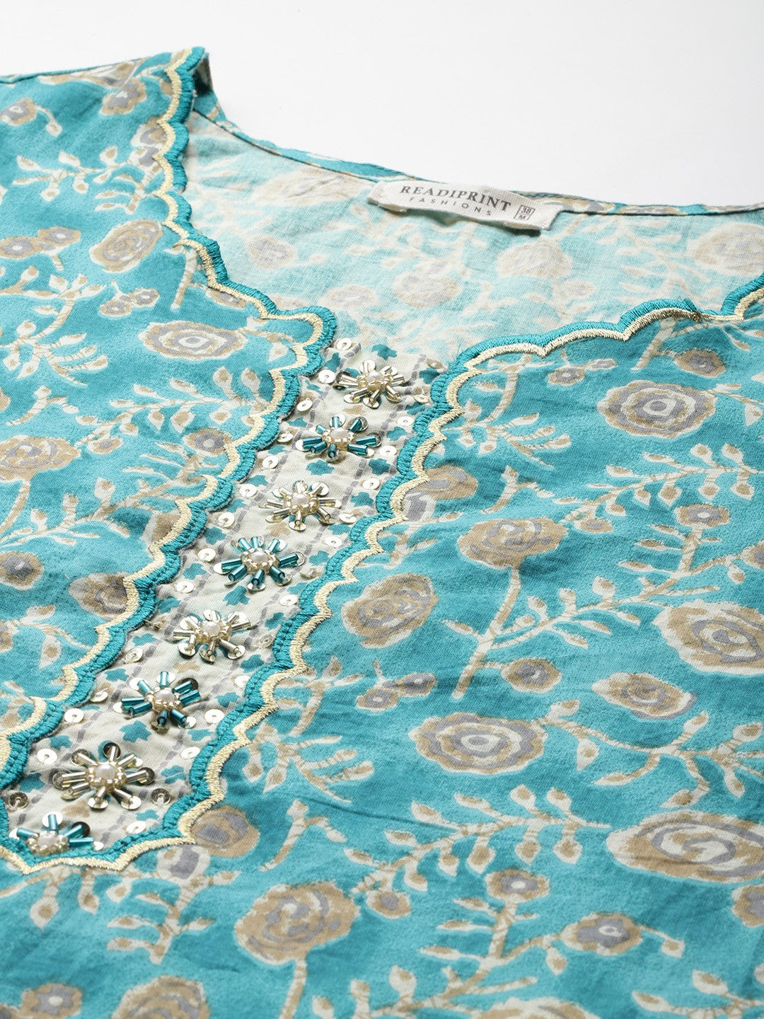 Straight Style Cotton Fabric Turquoise Blue Color Kurta And Bottom With Dupatta