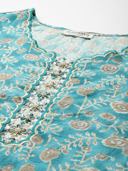 Straight Style Cotton Fabric Turquoise Blue Color Kurta And Bottom With Dupatta