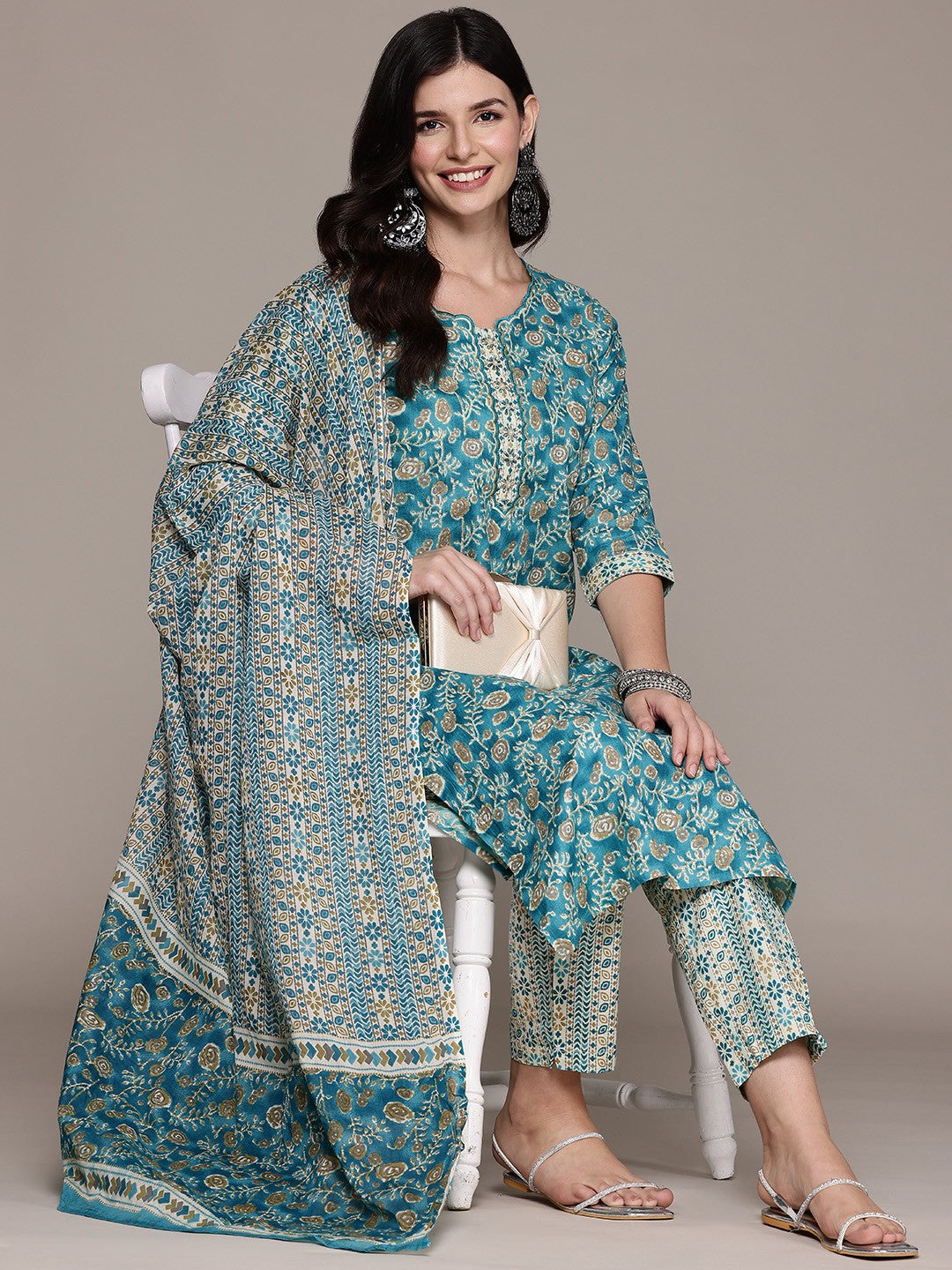 Straight Style Cotton Fabric Turquoise Blue Color Kurta And Bottom With Dupatta