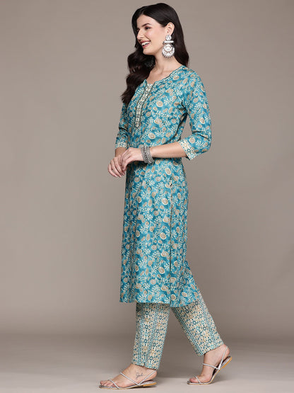 Straight Style Cotton Fabric Turquoise Blue Color Kurta And Bottom With Dupatta