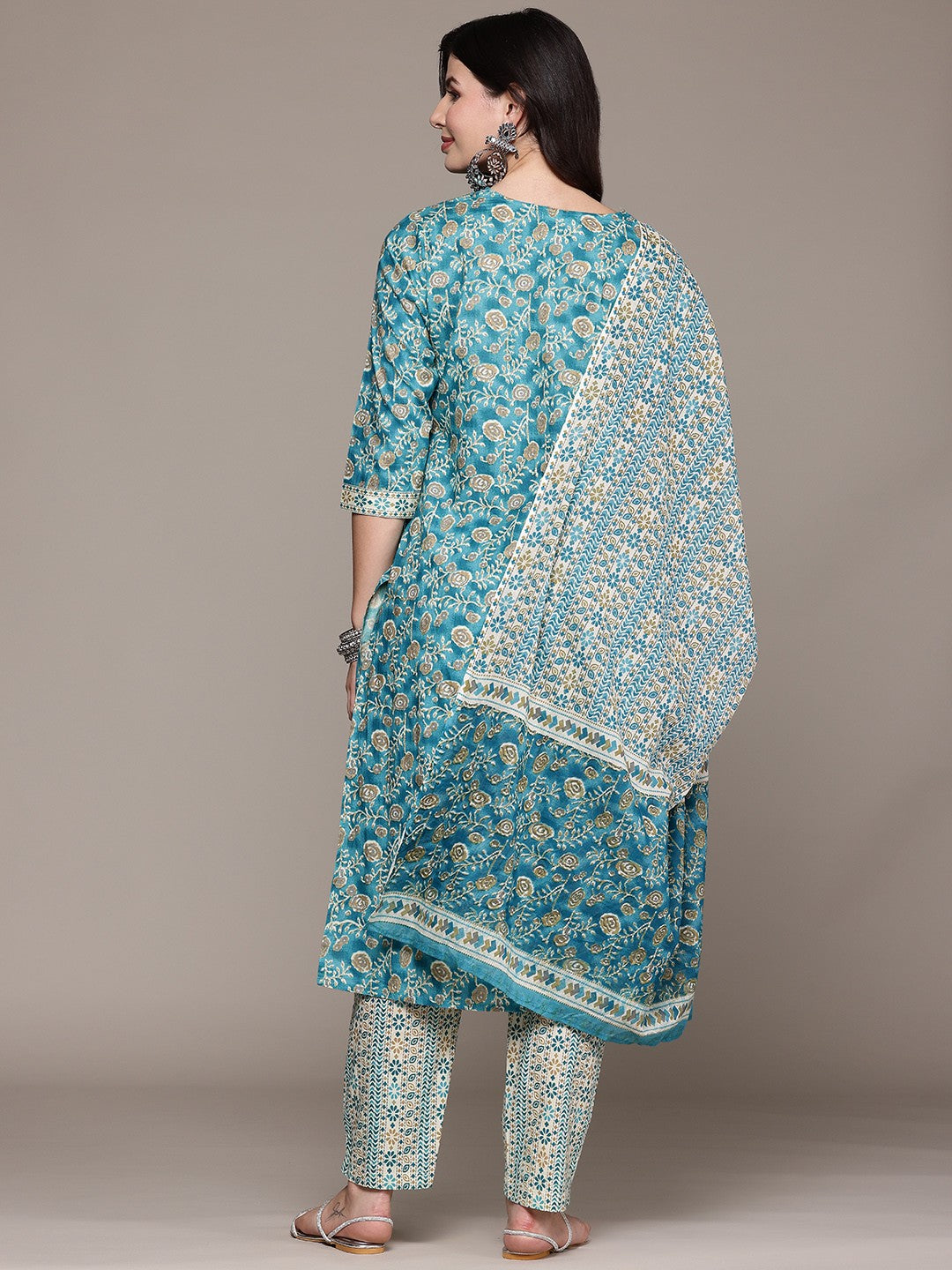 Straight Style Cotton Fabric Turquoise Blue Color Kurta And Bottom With Dupatta