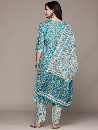 Straight Style Cotton Fabric Turquoise Blue Color Kurta And Bottom With Dupatta