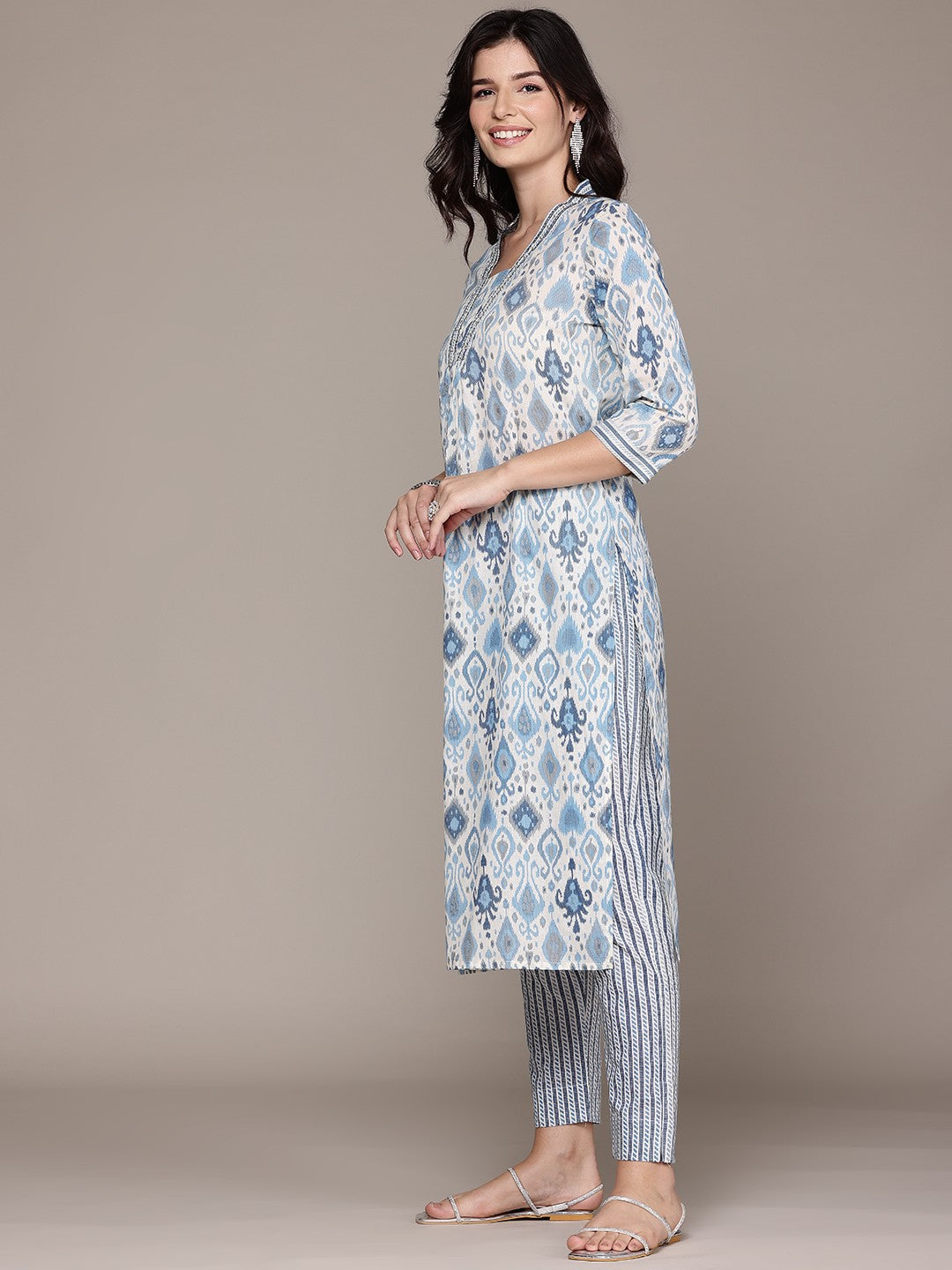 A Line Style Cotton Fabric Blue Color Kurta With Bottom And Dupatta