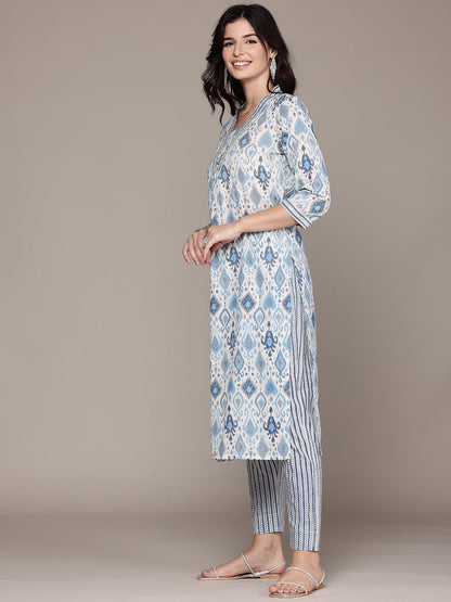 A Line Style Cotton Fabric Blue Color Kurta With Bottom And Dupatta