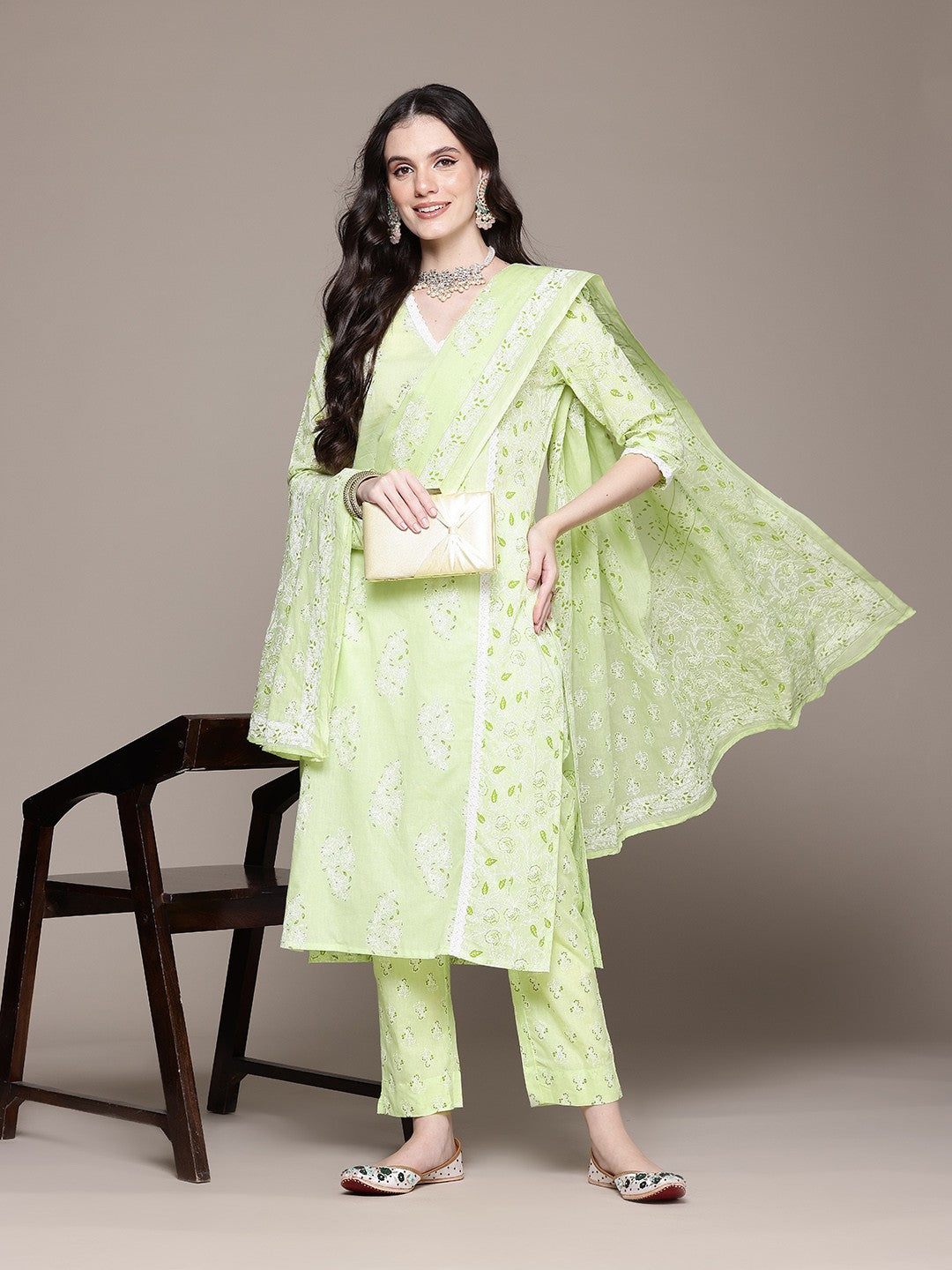 Straight Style Cotton Fabric Green Color Kurta With Bottom And Dupatta
