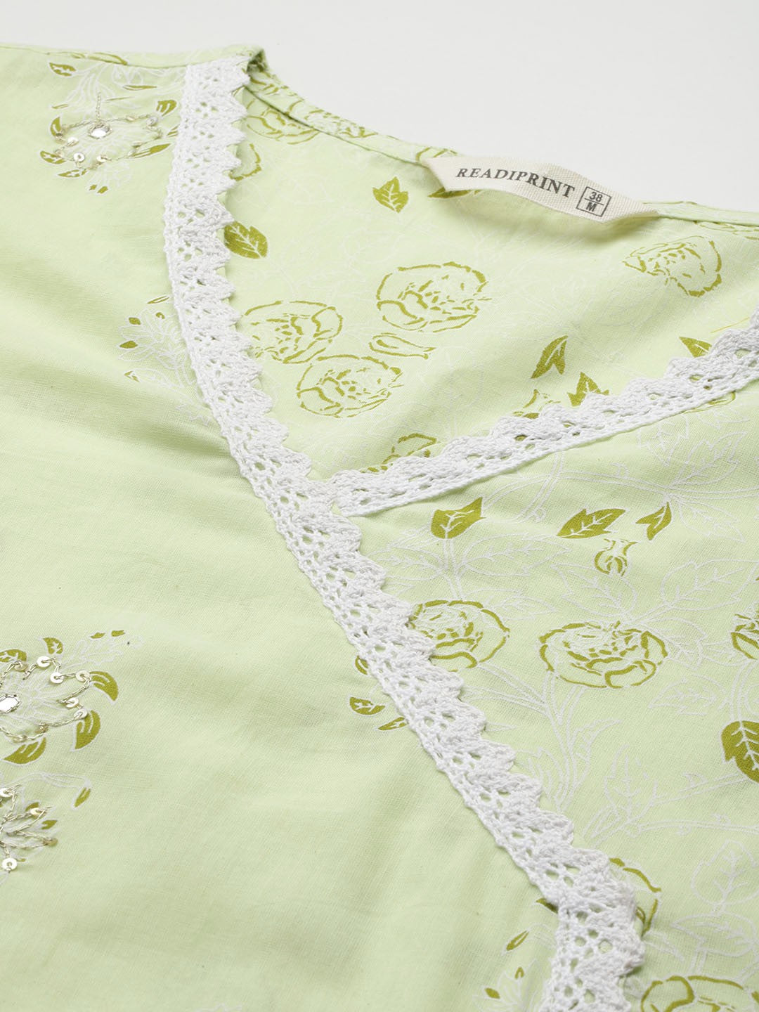Straight Style Cotton Fabric Green Color Kurta With Bottom And Dupatta