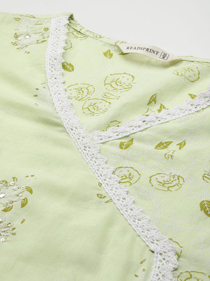 Straight Style Cotton Fabric Green Color Kurta With Bottom And Dupatta