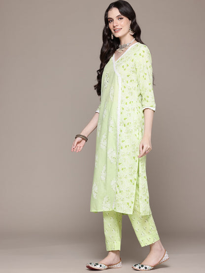 Straight Style Cotton Fabric Green Color Kurta With Bottom And Dupatta