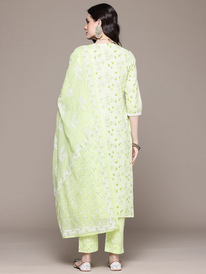 Straight Style Cotton Fabric Green Color Kurta With Bottom And Dupatta