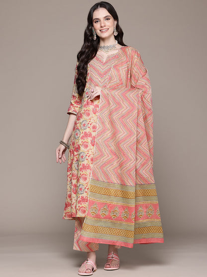 Straight Style Cotton Fabric Pink Color Kurta With Bottom And Dupatta