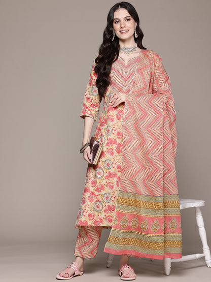 Straight Style Cotton Fabric Pink Color Kurta With Bottom And Dupatta