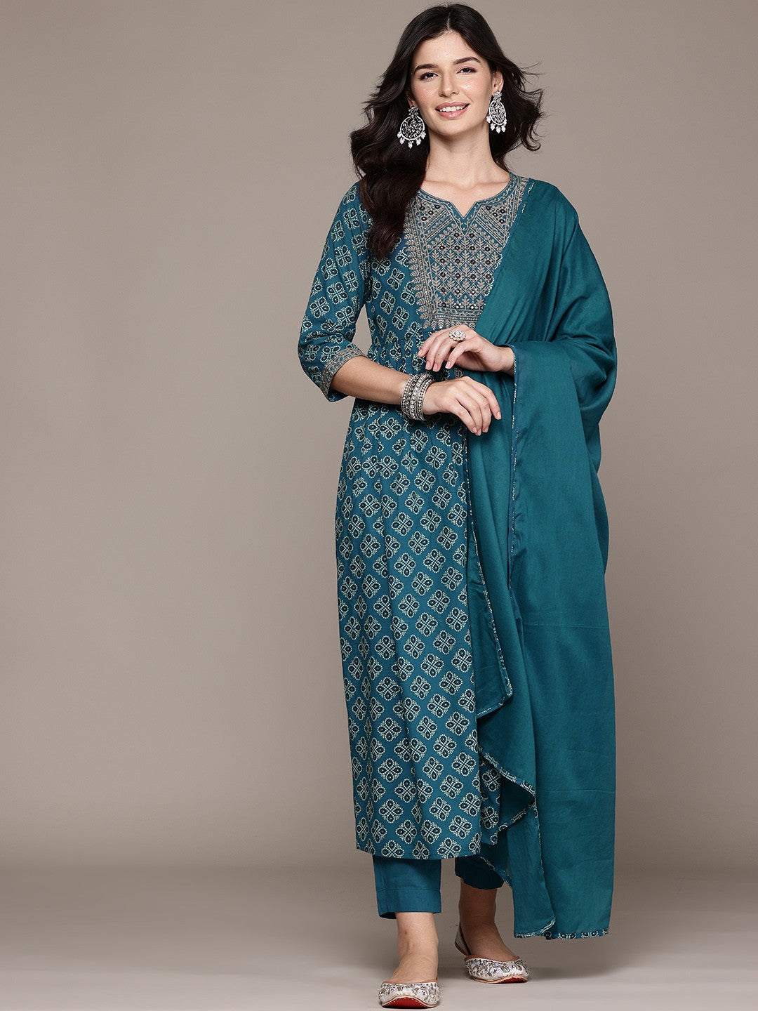 Frock Style Cotton Fabric Teal Color Kurta With Bottom And Dupatta