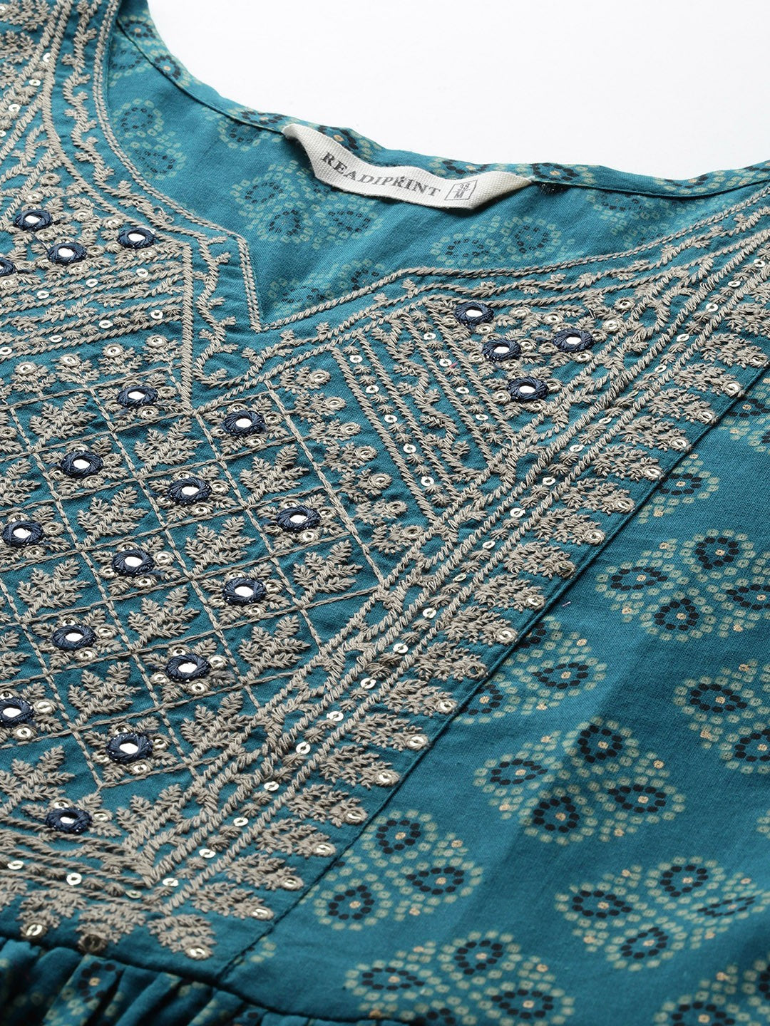 Frock Style Cotton Fabric Teal Color Kurta With Bottom And Dupatta