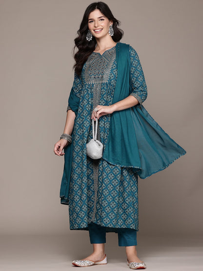 Frock Style Cotton Fabric Teal Color Kurta With Bottom And Dupatta