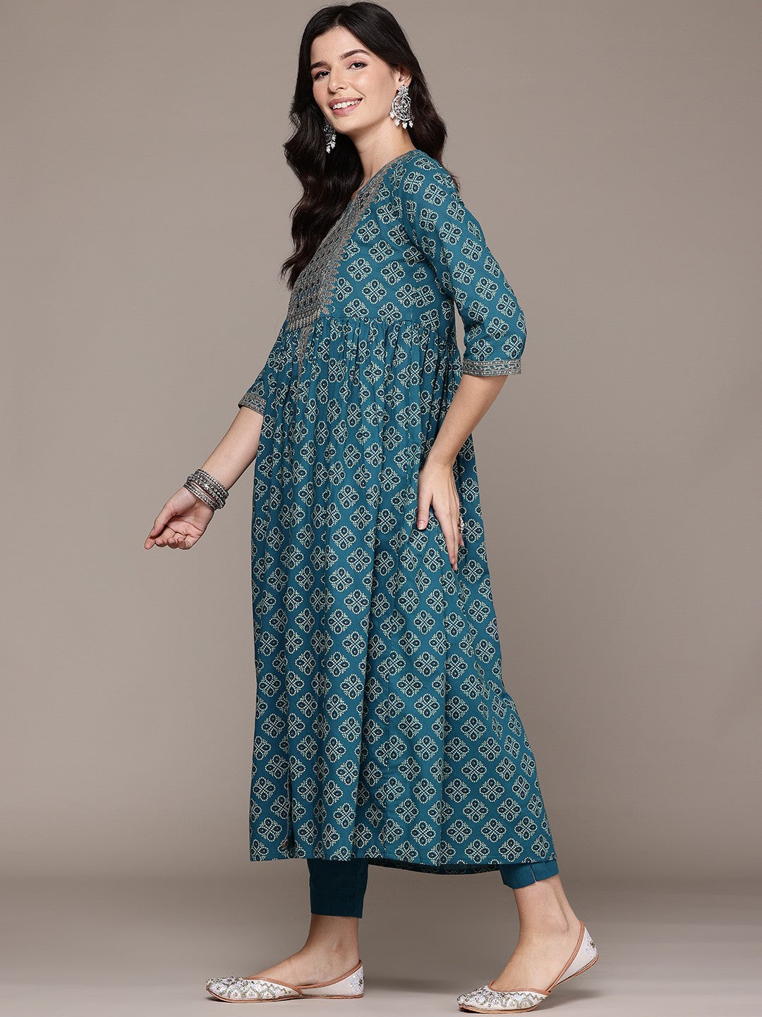 Frock Style Cotton Fabric Teal Color Kurta With Bottom And Dupatta