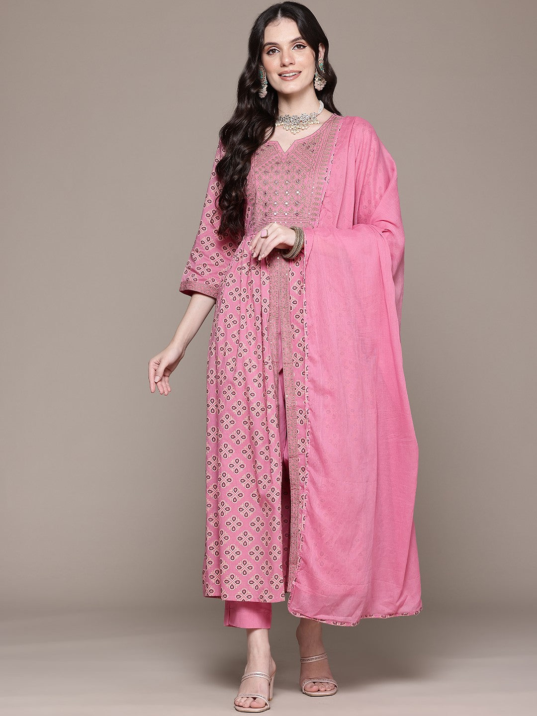 Frock Style Cotton Fabric Mauve Color Kurta With Bottom And Dupatta