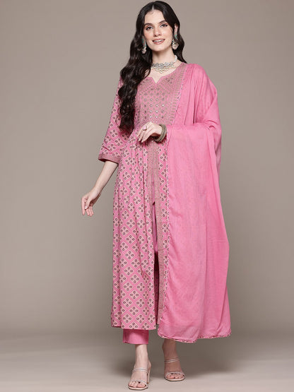 Frock Style Cotton Fabric Mauve Color Kurta With Bottom And Dupatta