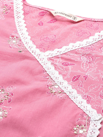 Frock Style Cotton Fabric Mauve Color Kurta With Bottom And Dupatta