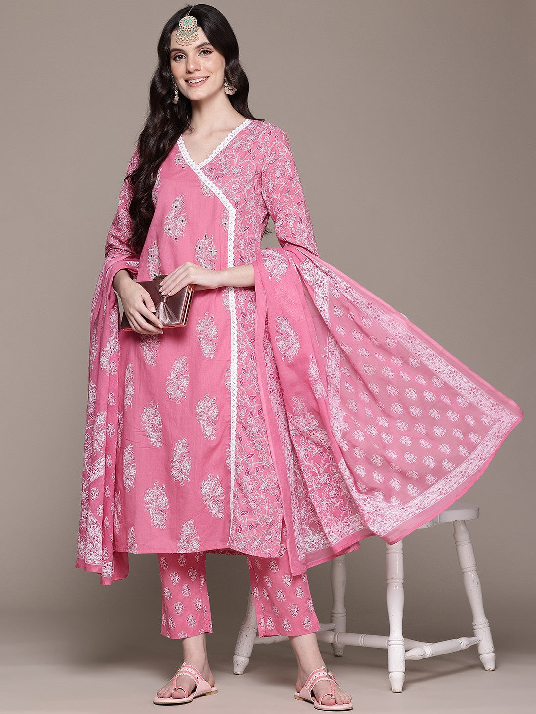 Frock Style Cotton Fabric Mauve Color Kurta With Bottom And Dupatta