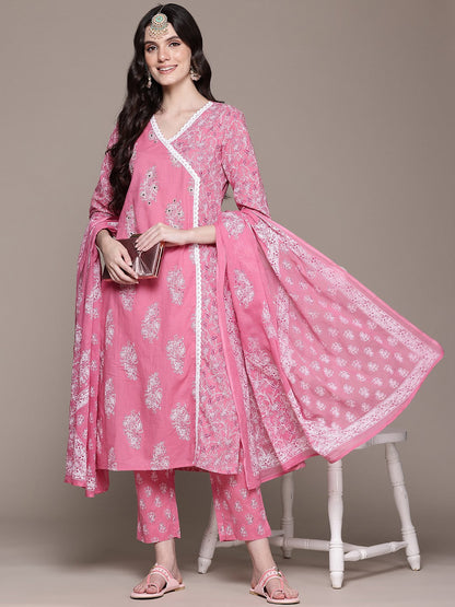 Frock Style Cotton Fabric Mauve Color Kurta With Bottom And Dupatta