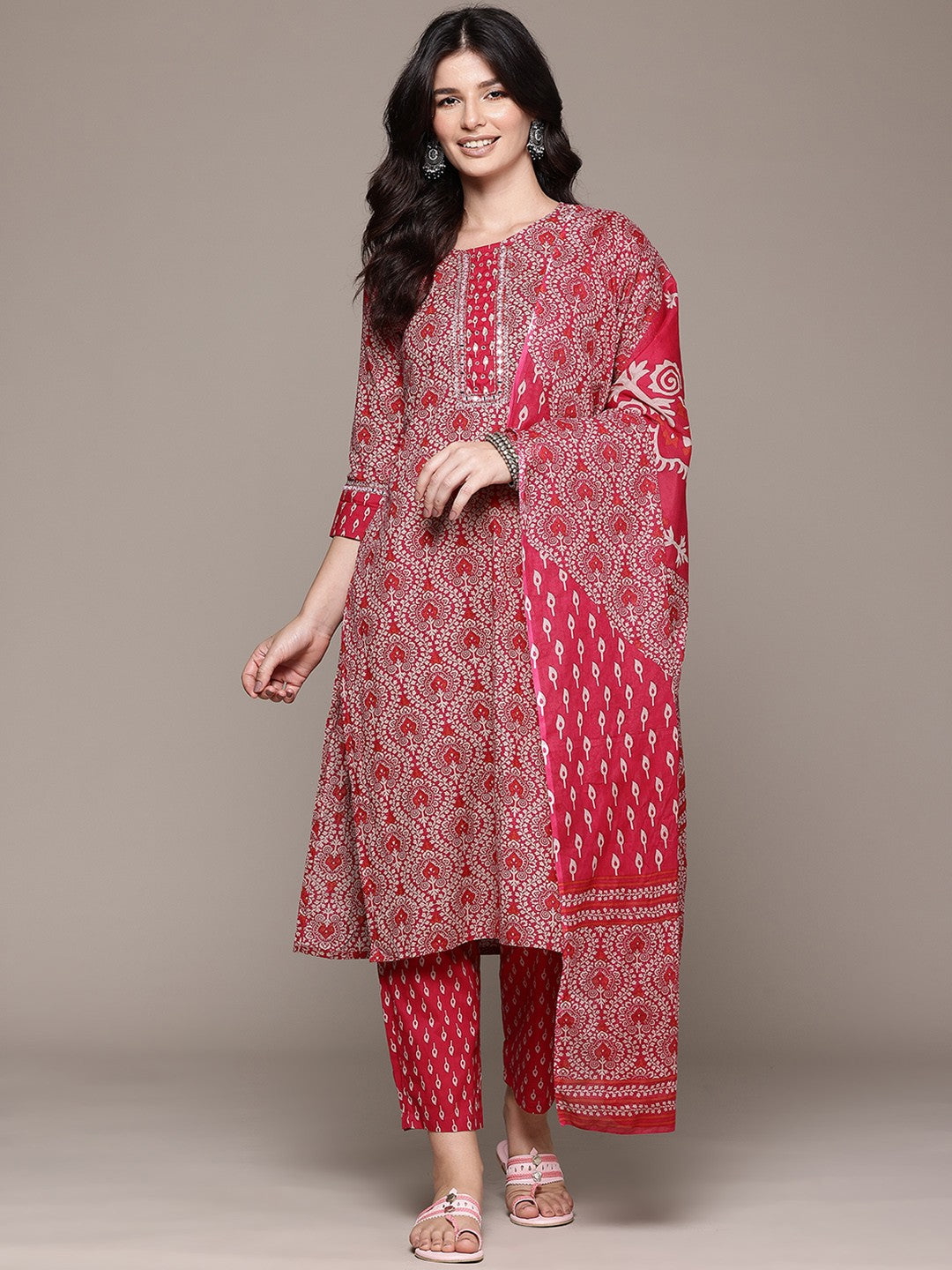 Straight Style Cotton Fabric Pink Color Kurta And Bottom With Dupatta