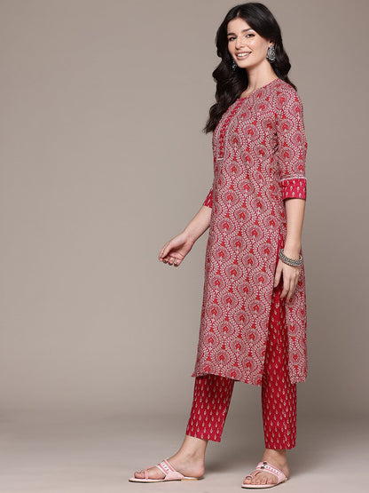 Straight Style Cotton Fabric Pink Color Kurta And Bottom With Dupatta