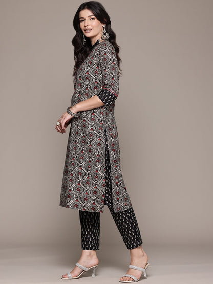 Straight Style Cotton Fabric Black Color Kurta And Bottom With Dupatta