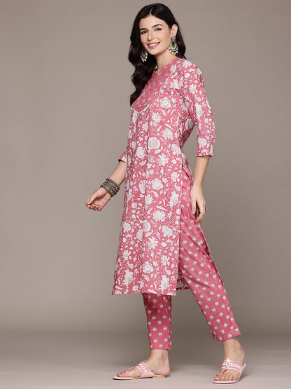 Straight Style Cotton Fabric Peach Color Kurta And Bottom With Dupatta